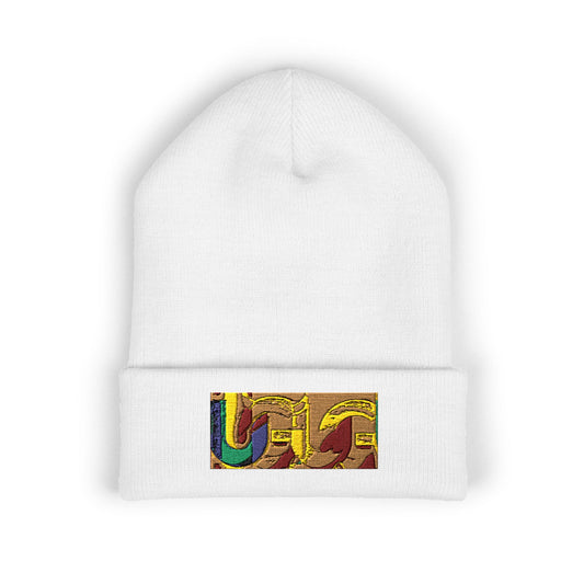 Gold Ungodly Pattern Embroidered Colorblock Abstract Cuffed Beanie