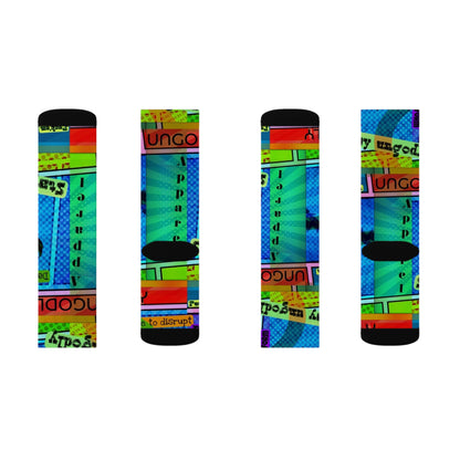 Ungodly Apparel Retro Vaporwave Sublimation Socks — Colorful 90s Cassette & Pixel Art Crew Socks