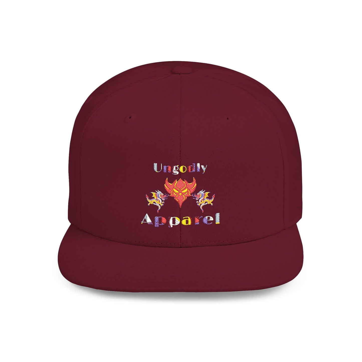 Flat Bill Snapback Hat — Colorful Flame Logo "Ungodly Apparel" Streetwear Cap
