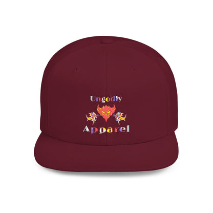 Flat Bill Snapback Hat — Colorful Flame Logo "Ungodly Apparel" Streetwear Cap
