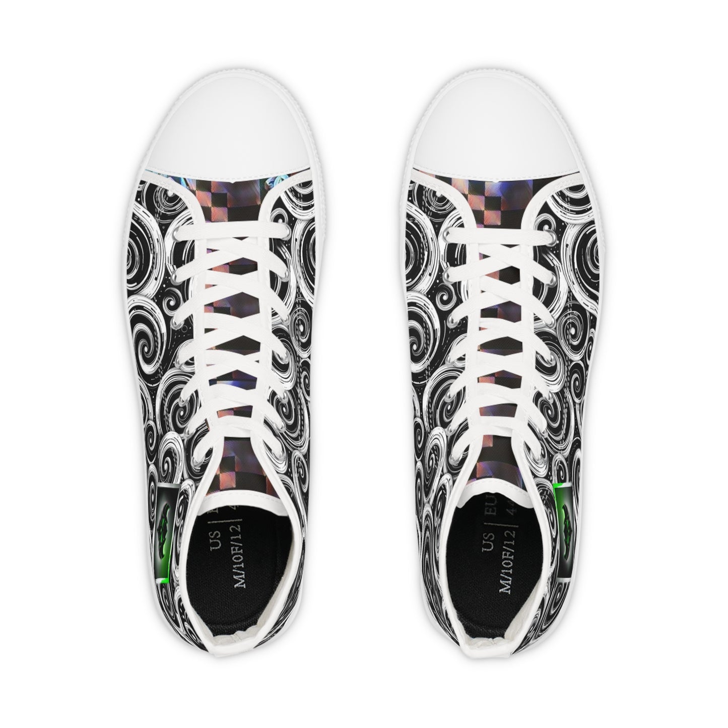 High-Top Sneakers — Black & White Swirl Pattern with Green Ungodly Apparel Logo Accent