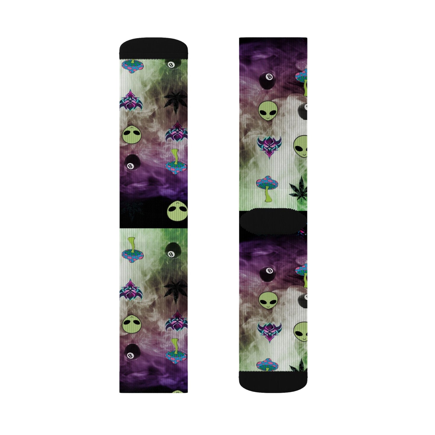 Alien Galaxy Sublimation Socks — Psychedelic UFO & Cannabis Pattern Crew Socks