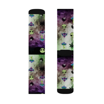 Alien Galaxy Sublimation Socks — Psychedelic UFO & Cannabis Pattern Crew Socks
