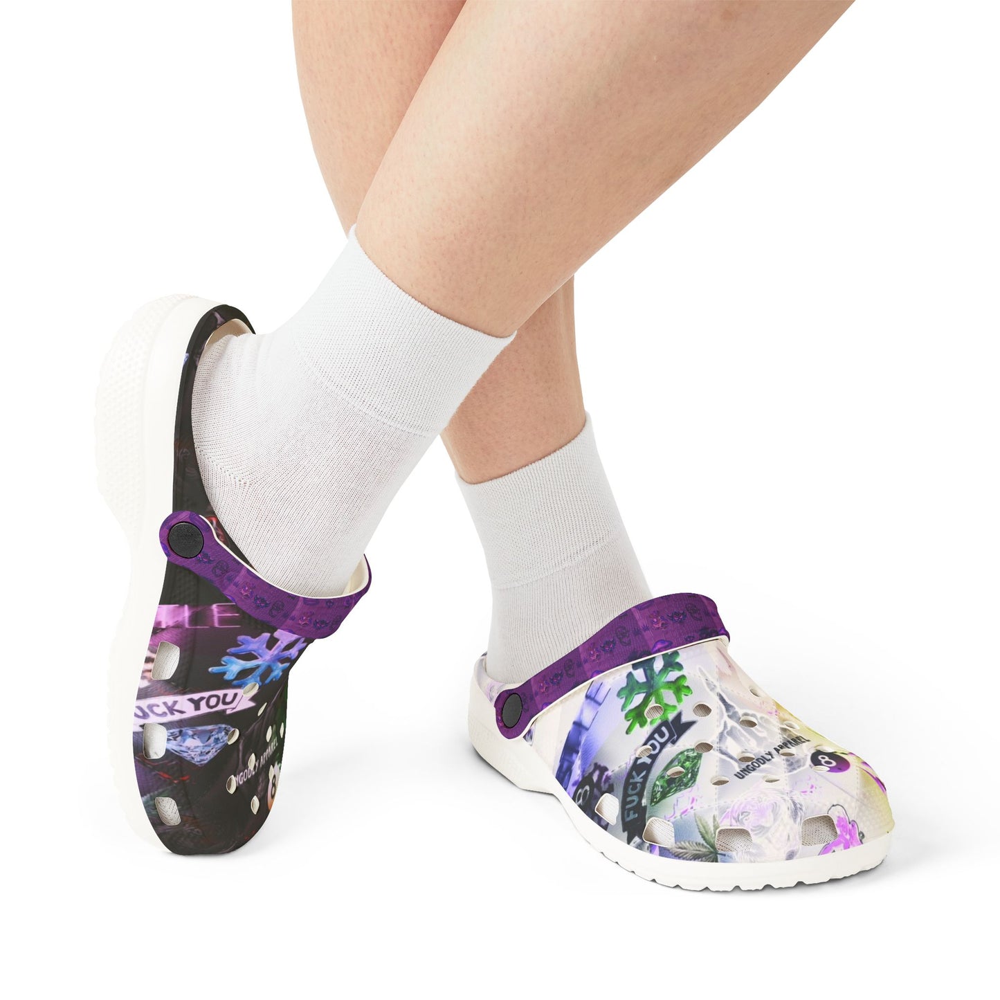 Printed EVA Foam Clogs — Colorful Purple Strap All‑Over Print Garden Vibe
