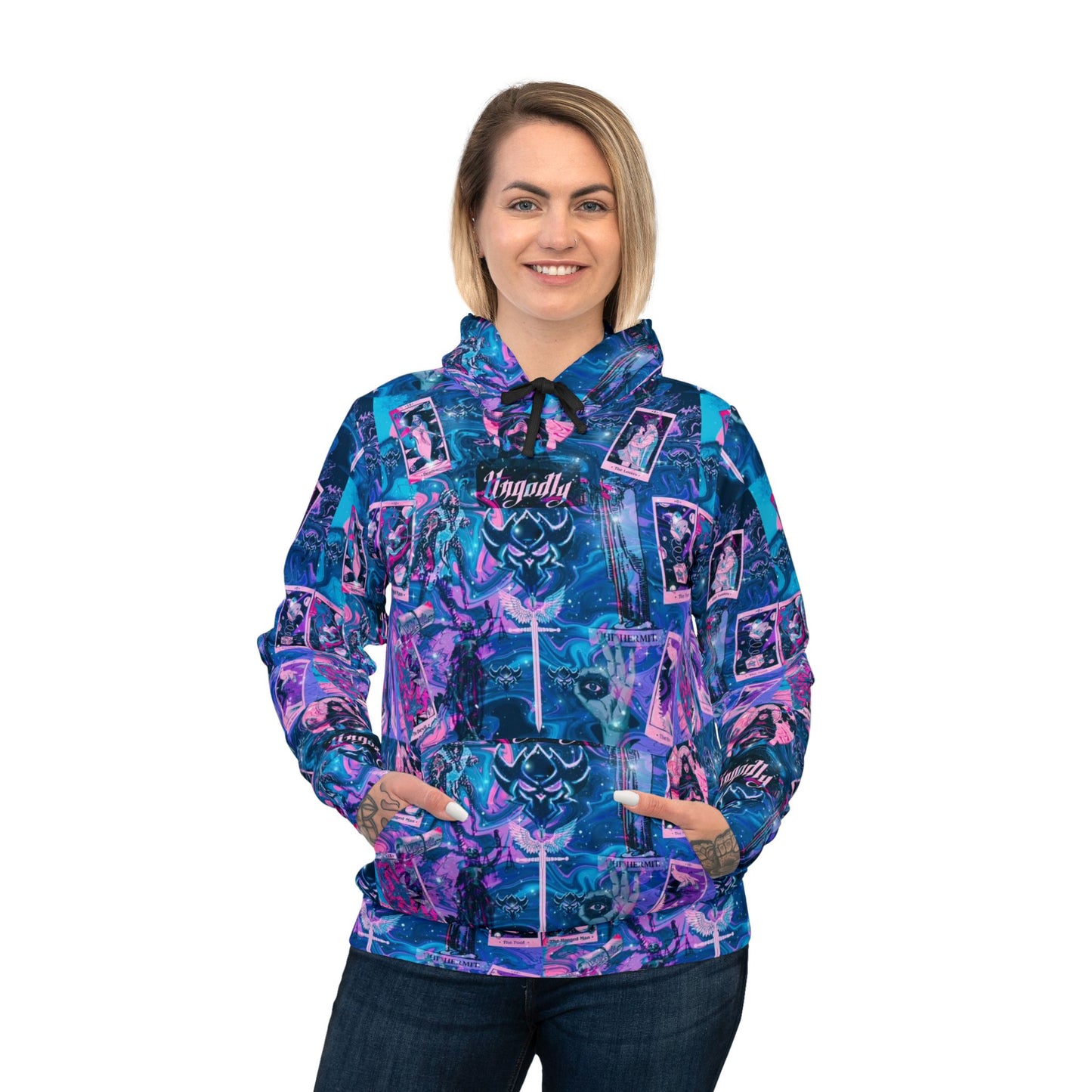 "Ungodly Tarot" All-Over Print Retro Collage Athletic Unisex Hoodie — Neon Purple & Teal Streetwear