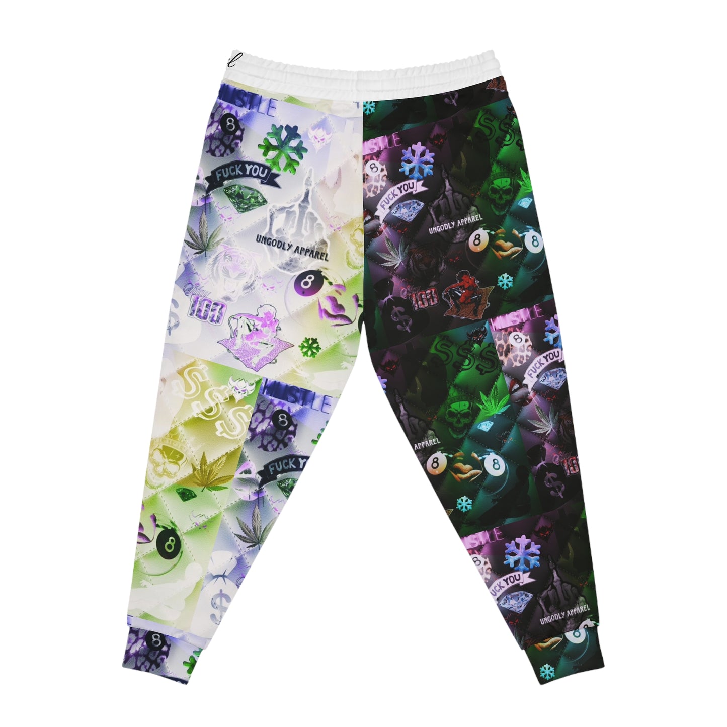"Ungodly Vices" Graphic All-Over Print Joggers — Neon Patchwork Streetwear