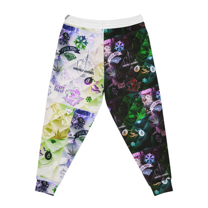"Ungodly Vices" Graphic All-Over Print Joggers — Neon Patchwork Streetwear