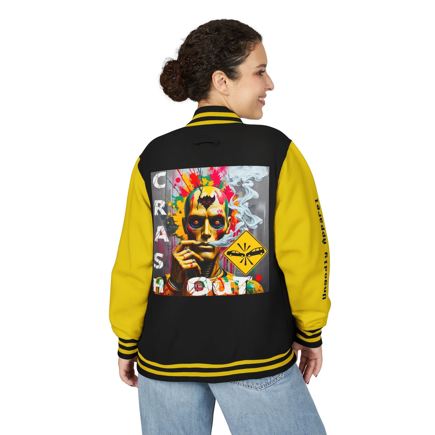 Letterman Jacket — ‘Crash Out’ Graphic Varsity Jacket with Neon Clown Design