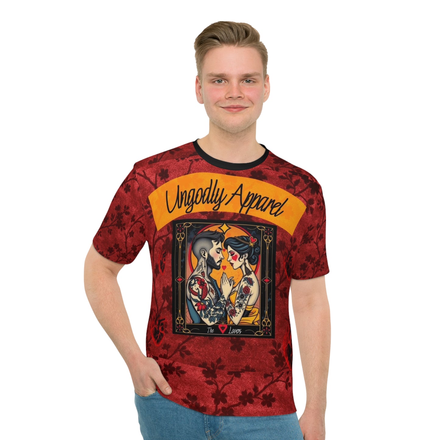 Ungodly Apparel Tarot-Style Graphic T-Shirt — The Lovers Red Floral Print