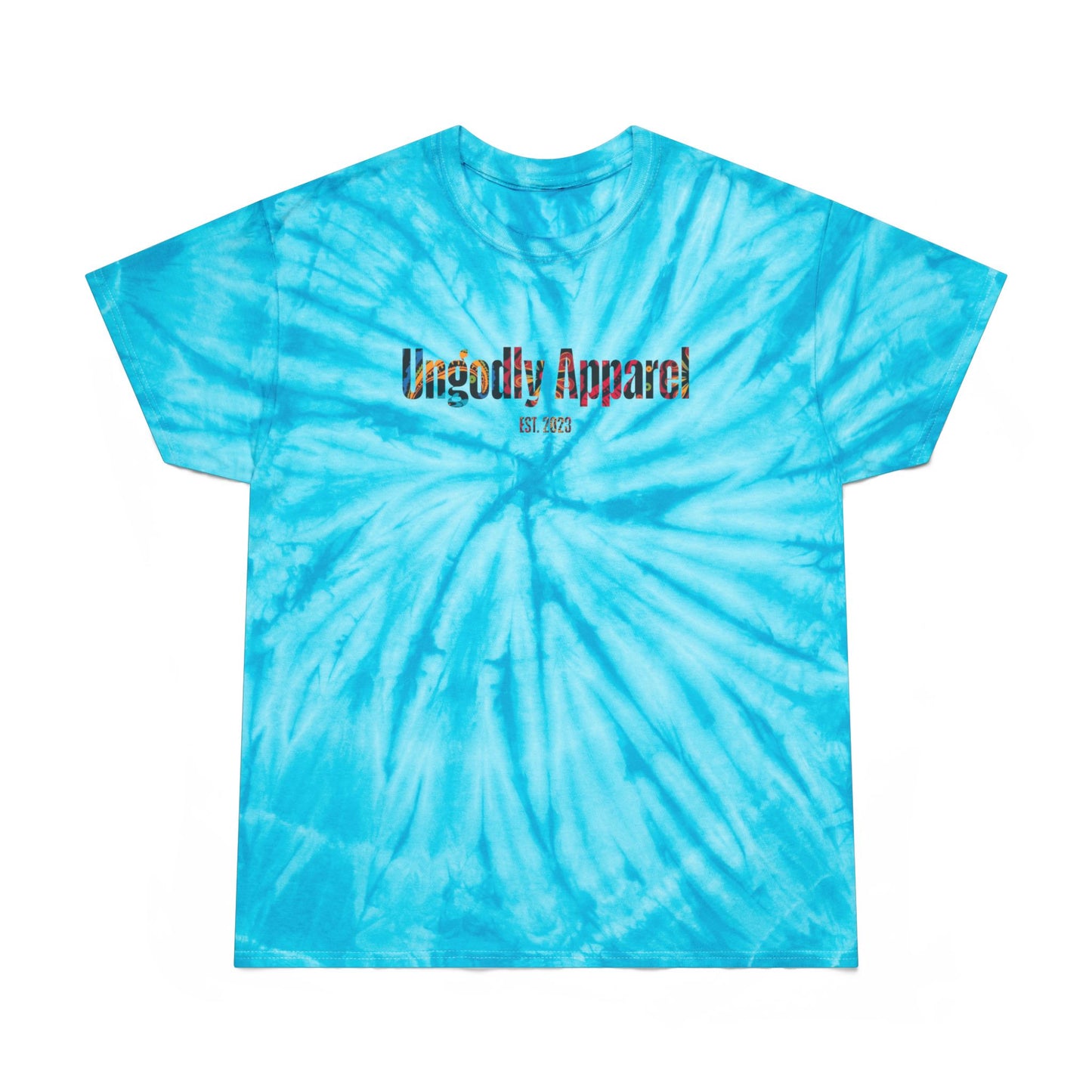Tie-Dye Tee — Yellow Cyclone Spiral Tee with "Ungodly Apparel" Text