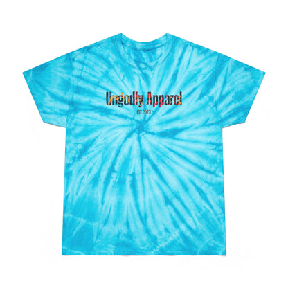 Tie-Dye Tee — Yellow Cyclone Spiral Tee with "Ungodly Apparel" Text