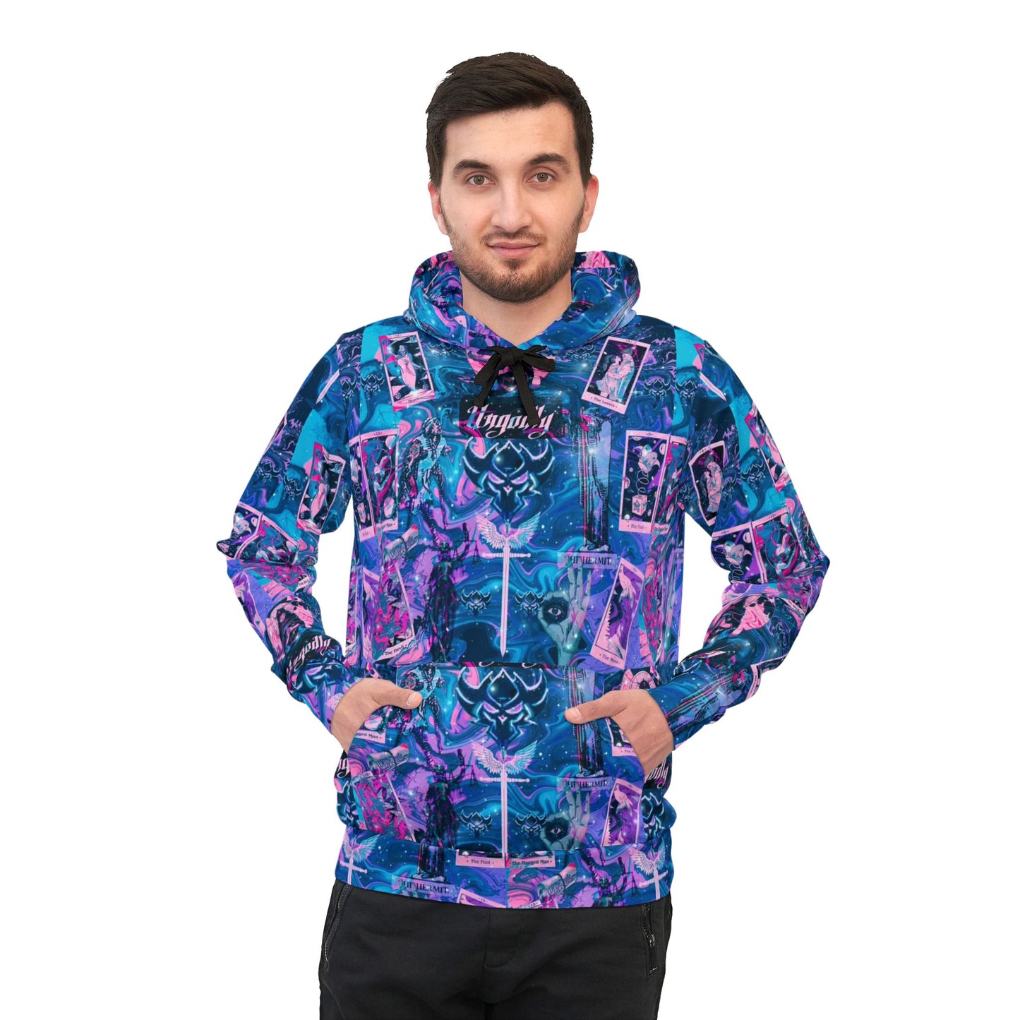 "Ungodly Tarot" All-Over Print Retro Collage Athletic Unisex Hoodie — Neon Purple & Teal Streetwear