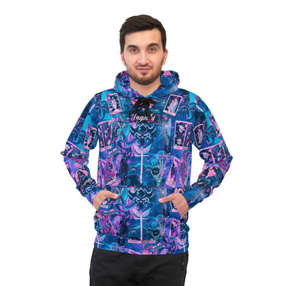 "Ungodly Tarot" All-Over Print Retro Collage Athletic Unisex Hoodie — Neon Purple & Teal Streetwear