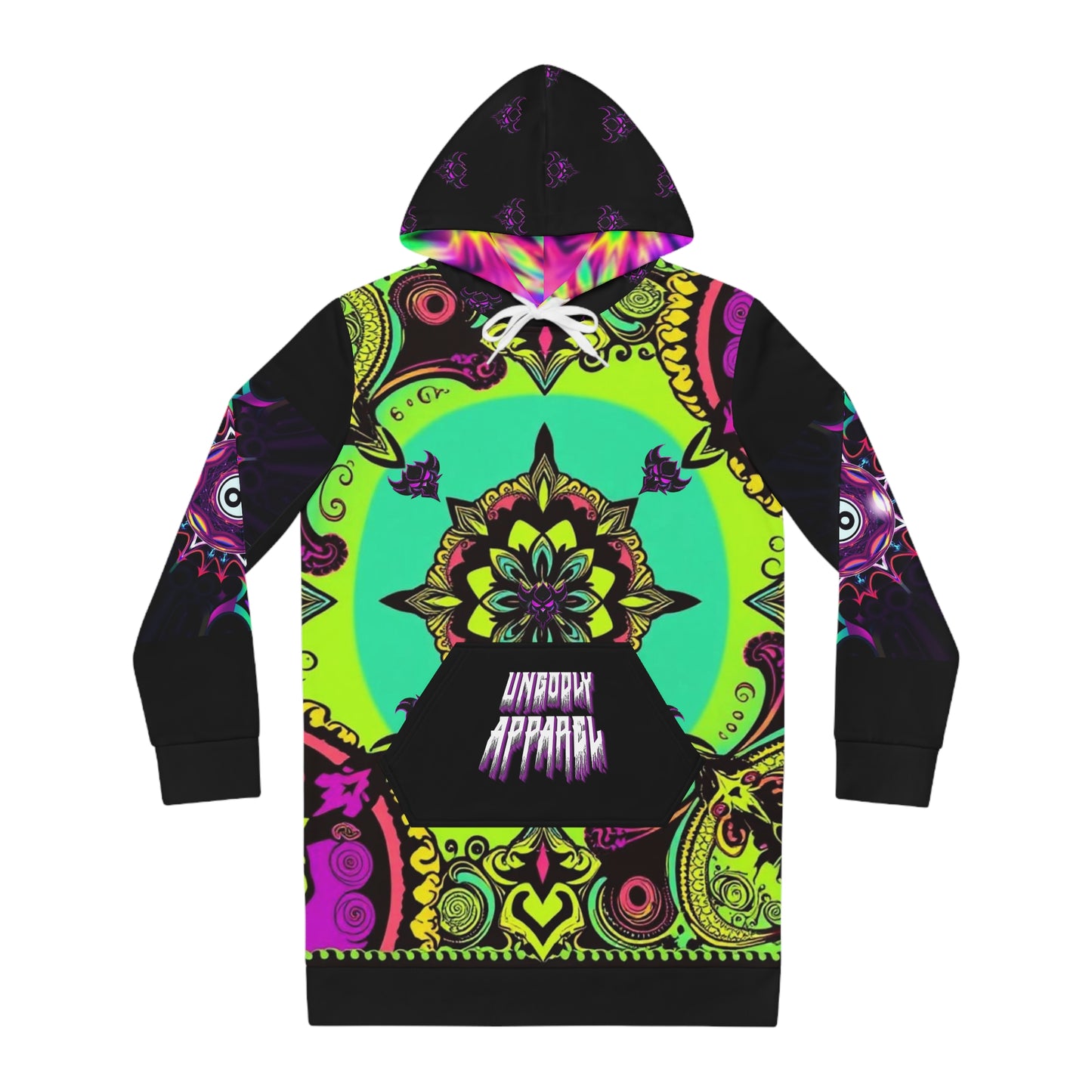 "Ungodly Green Paisley Bandana Hoodie" Boho Hooded Dress - Vibrant Colorful Mandala Design, Casual Wear, Festival Outfit, Unique Gift for Her, Cozy Sweater Dress