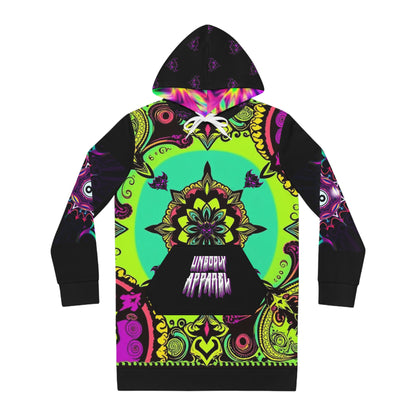 "Ungodly Green Paisley Bandana Hoodie" Boho Hooded Dress - Vibrant Colorful Mandala Design, Casual Wear, Festival Outfit, Unique Gift for Her, Cozy Sweater Dress