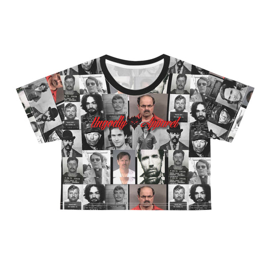 Unique Graphic Crop Tee with Bold Design, Stylish Casual Wear, Trendy Summer Top, Perfect for Festivals, Gifts for Crime Enthusiasts