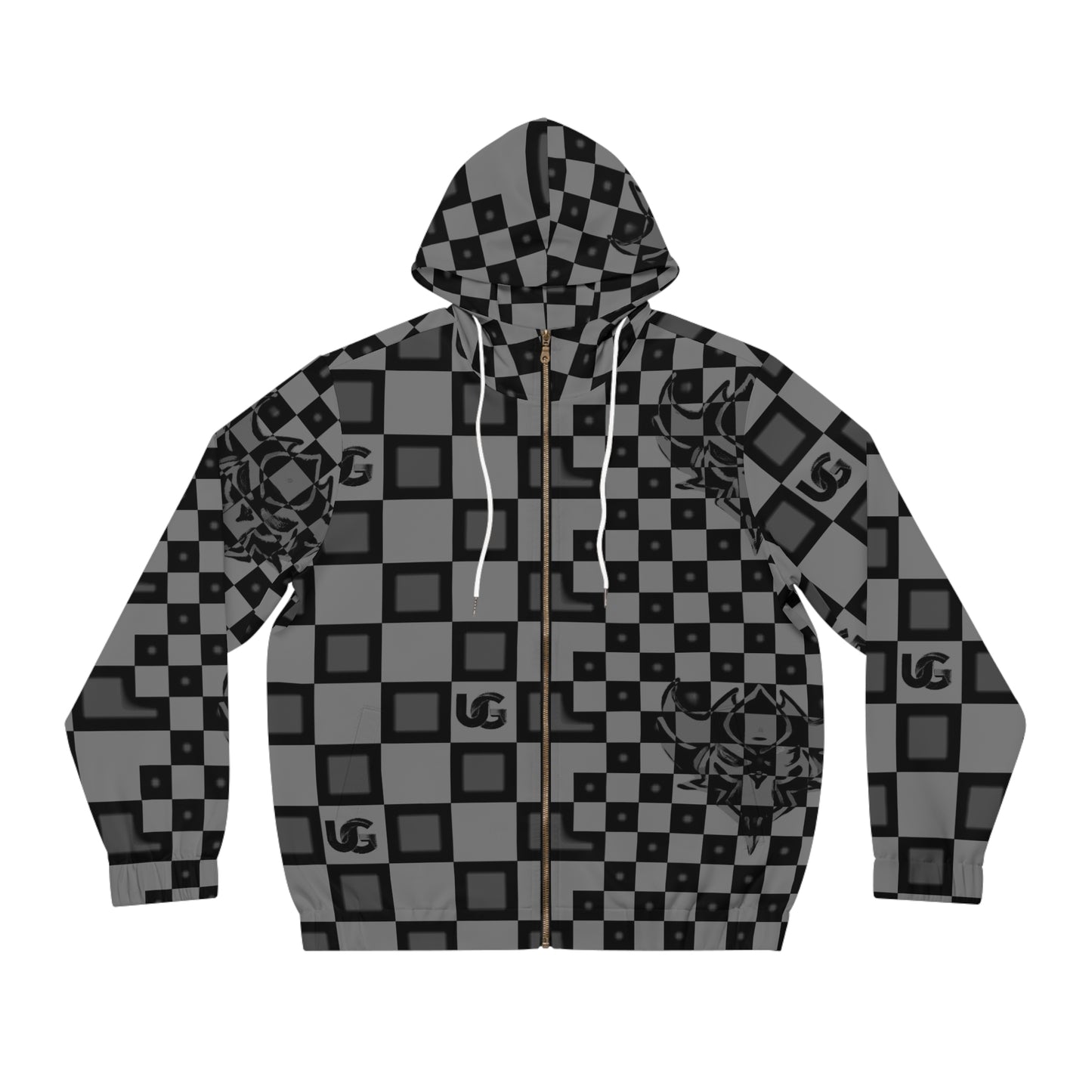 Checkerboard Ungodly Pattern Skull Full‑Zip Hoodie — All‑Over Graphic Zip Hoodie for Men