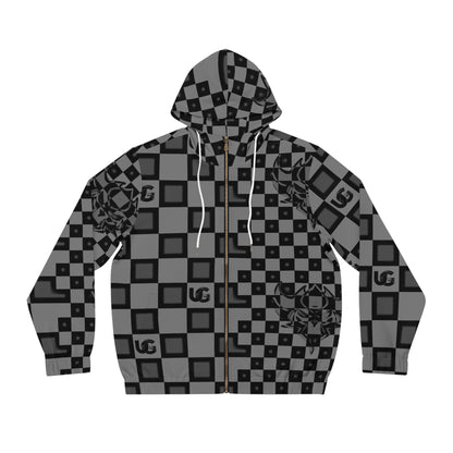 Checkerboard Ungodly Pattern Skull Full‑Zip Hoodie — All‑Over Graphic Zip Hoodie for Men