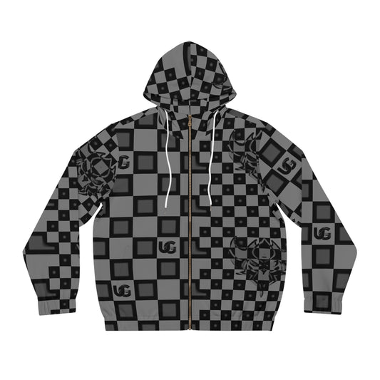Checkerboard Ungodly Pattern Skull Full‑Zip Hoodie — All‑Over Graphic Zip Hoodie for Men