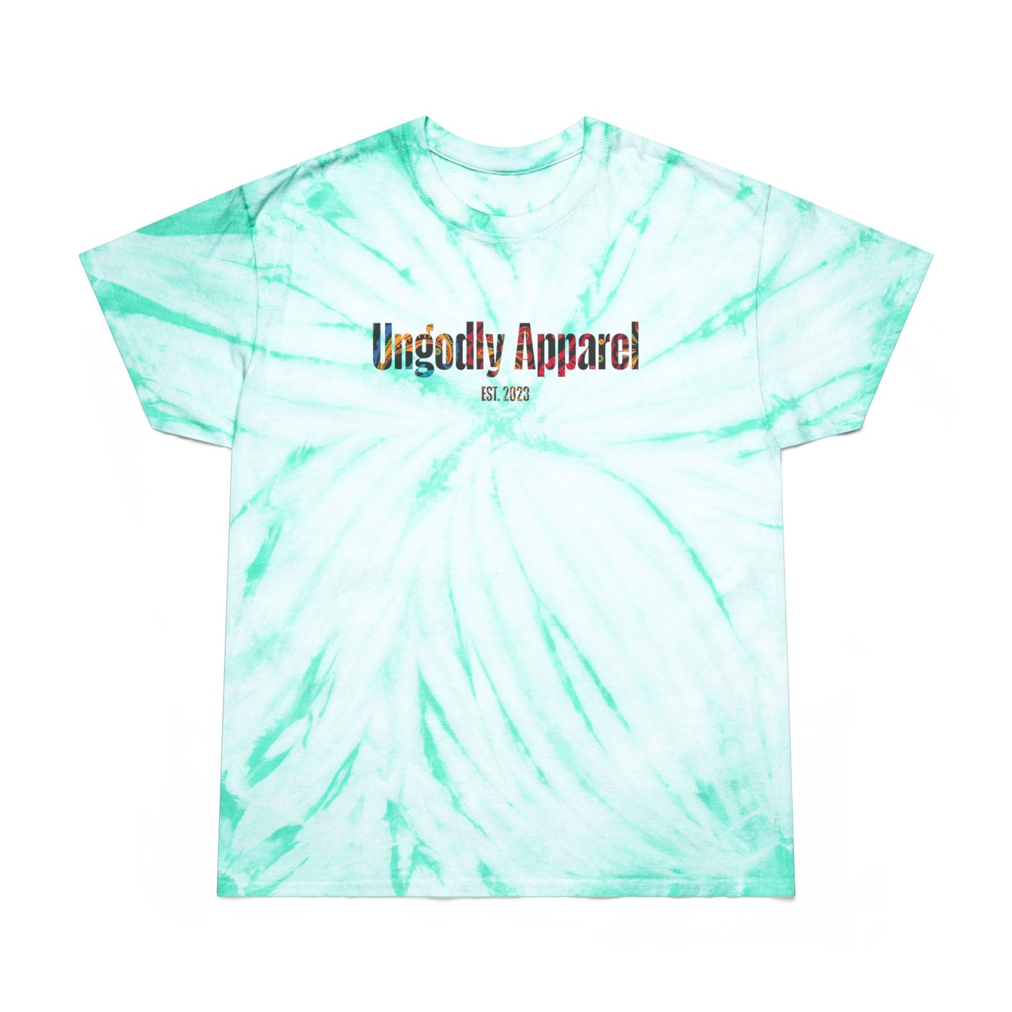 Tie-Dye Tee — Yellow Cyclone Spiral Tee with "Ungodly Apparel" Text