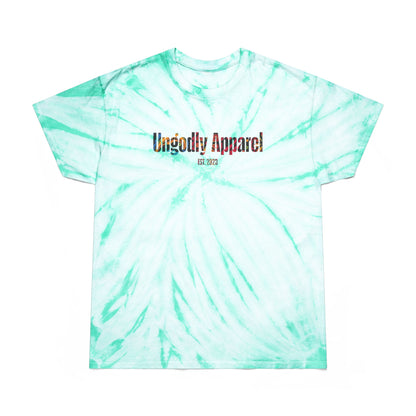 Tie-Dye Tee — Yellow Cyclone Spiral Tee with "Ungodly Apparel" Text