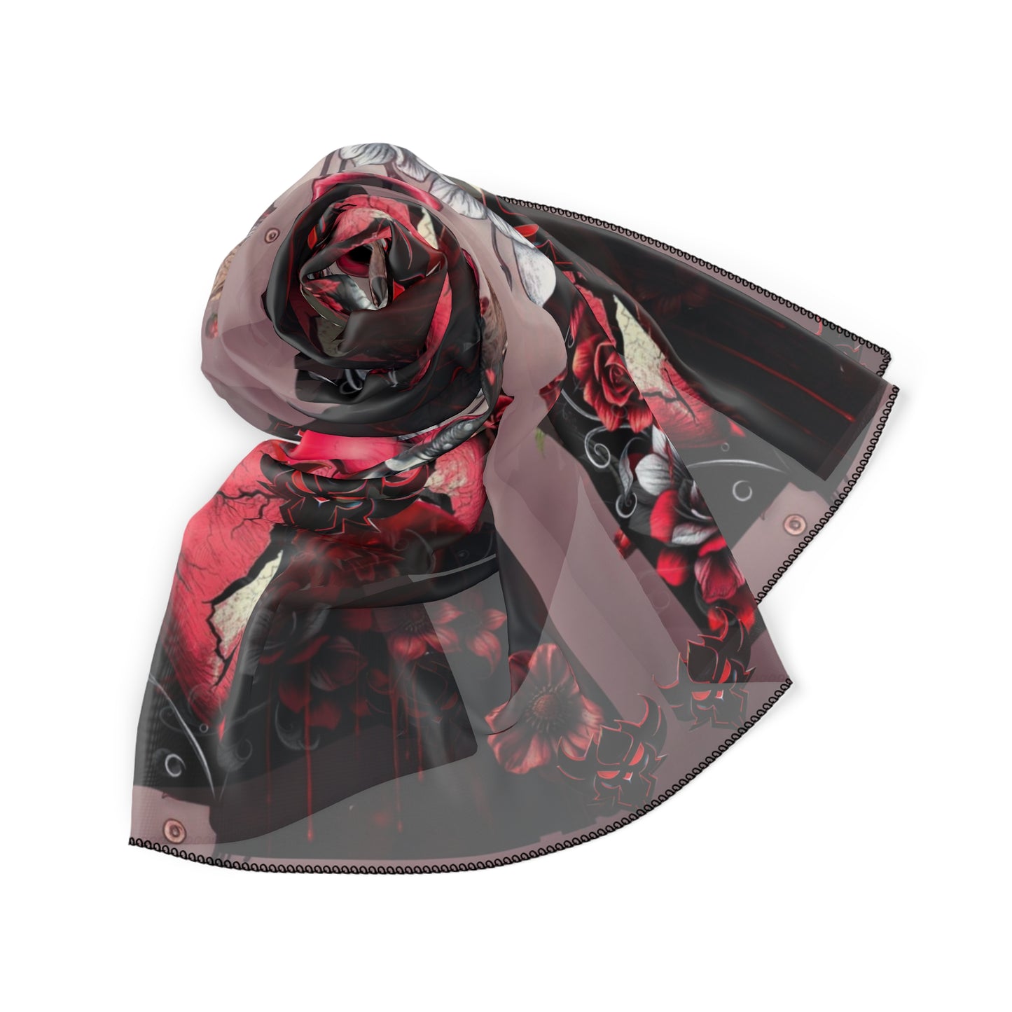 Anatomical Heart & Roses Scarf — Gothic Red Floral Silk-Feel Accessory