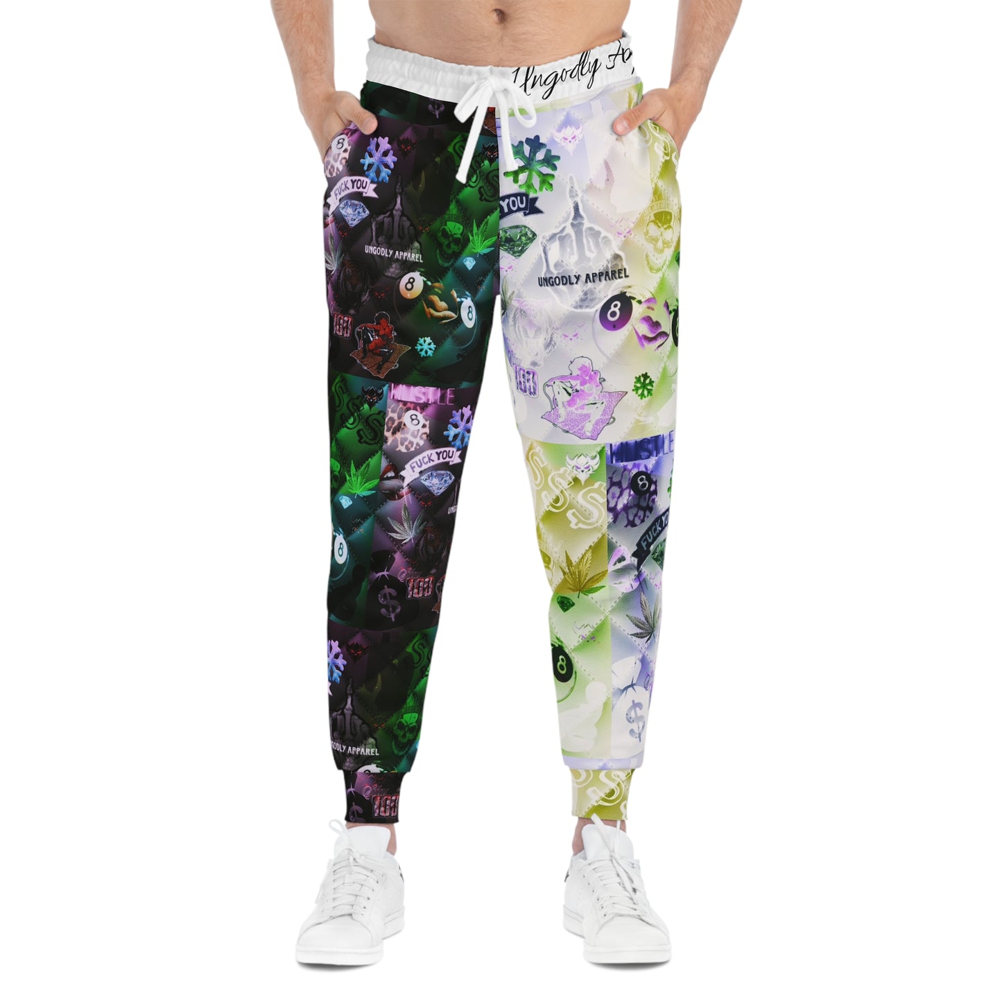 "Ungodly Vices" Graphic All-Over Print Joggers — Neon Patchwork Streetwear