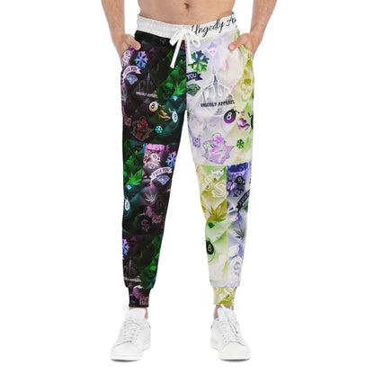 "Ungodly Vices" Graphic All-Over Print Joggers — Neon Patchwork Streetwear