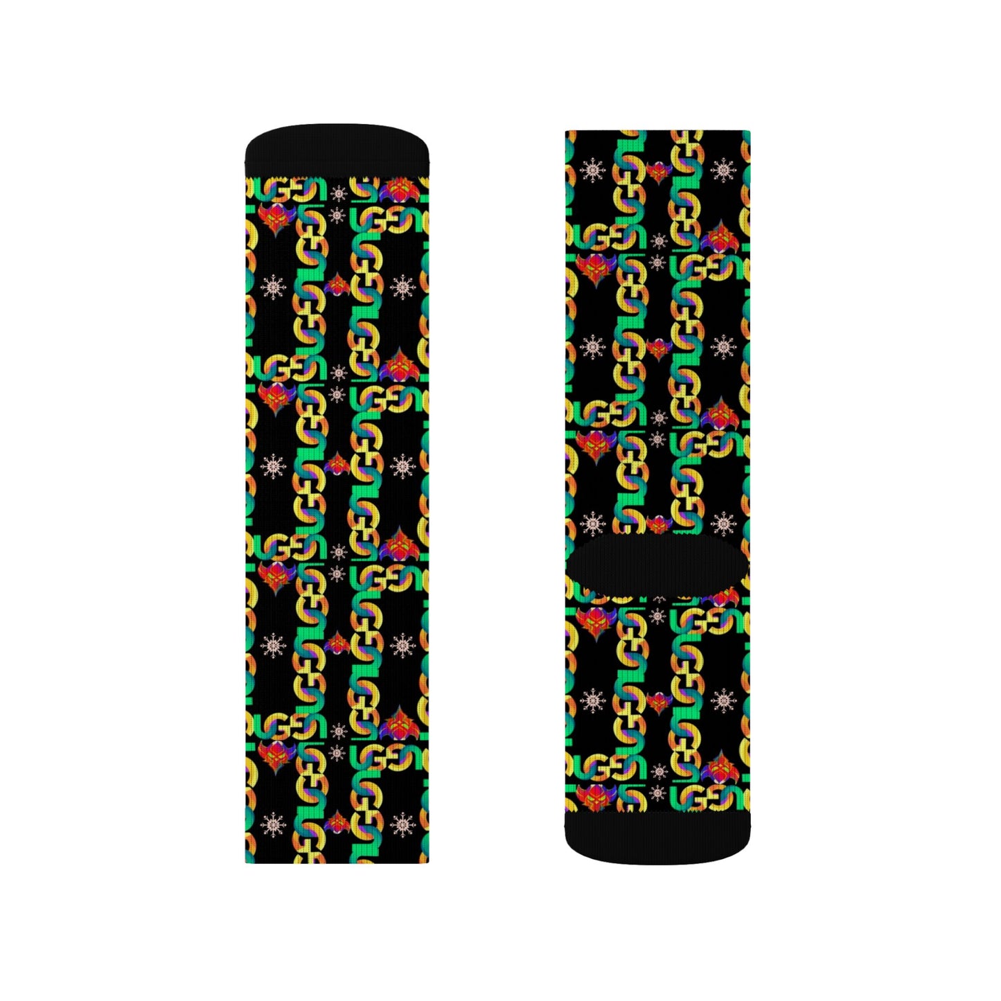 Rasta Ungodly Chain Pattern Sublimation Socks — Black Crew Socks with Red, Yellow & Green Chain Print