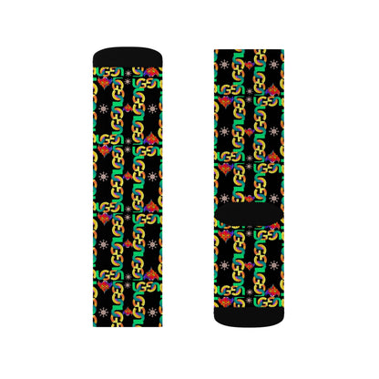 Rasta Ungodly Chain Pattern Sublimation Socks — Black Crew Socks with Red, Yellow & Green Chain Print