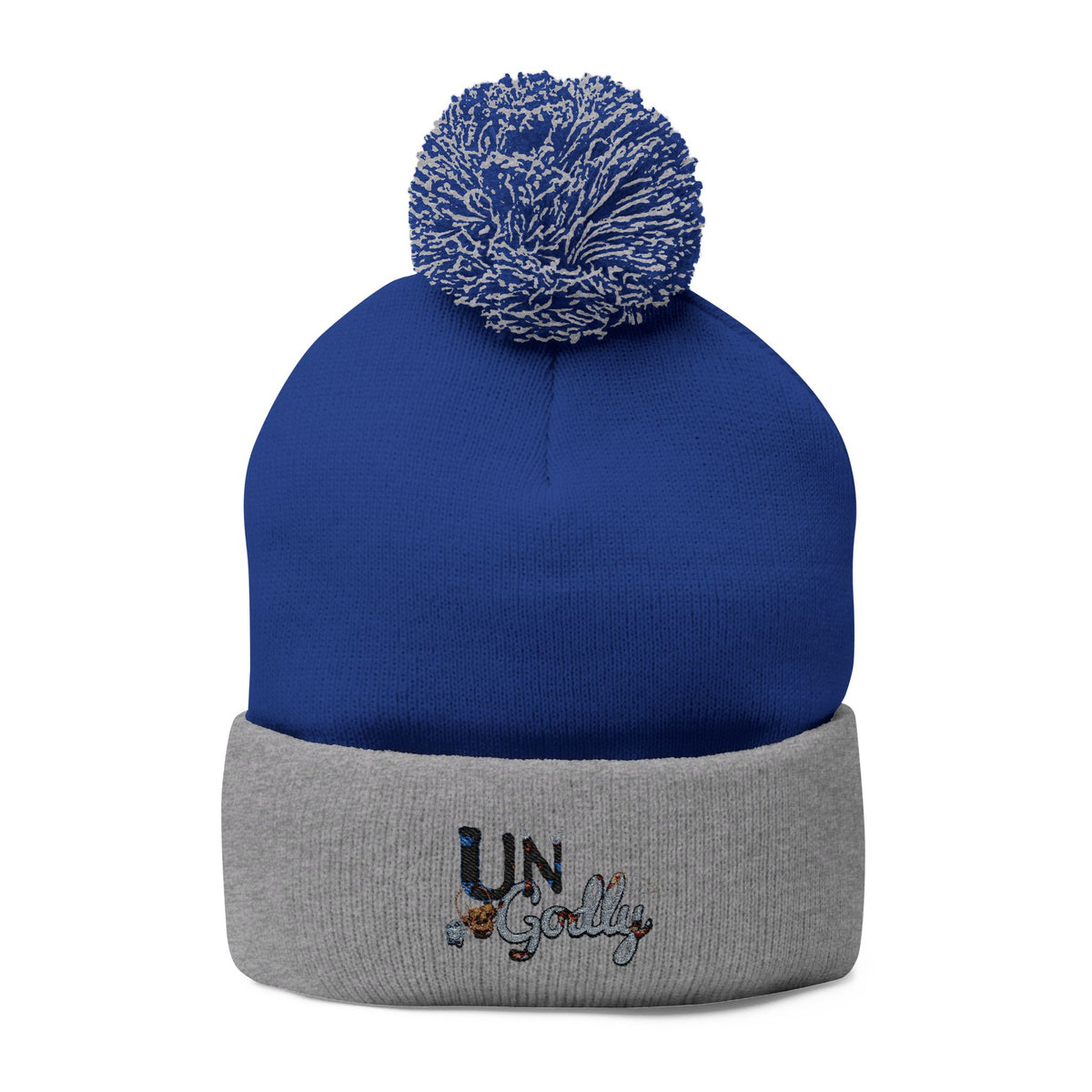 Blue and Gray Pom-Pom Knit Cap with Embroidered “UN” Design