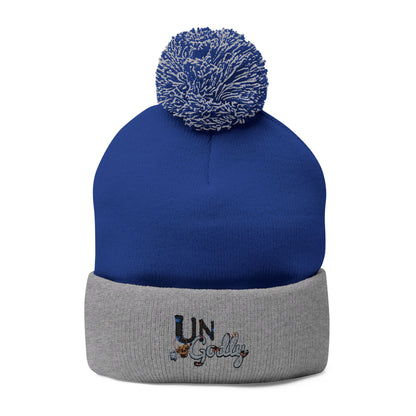 Blue and Gray Pom-Pom Knit Cap with Embroidered “UN” Design