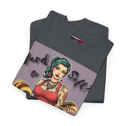 "Hard or Soft Tacos" Retro Graphic Tee, Vintage Shirt, Casual Wear, Gift for Foodies, Comfy Summer Apparel, Pop Culture Fashion