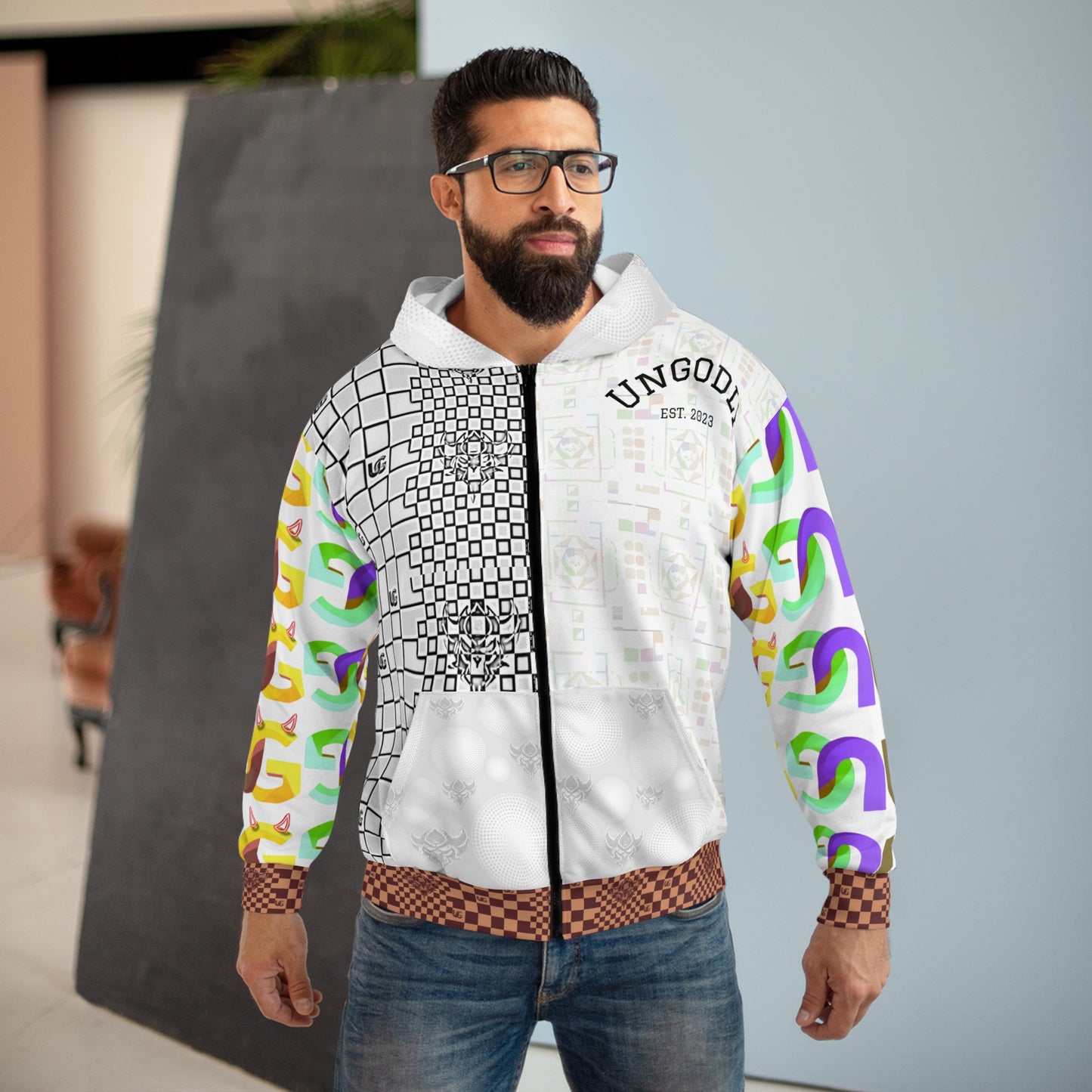 Ungodly Checkerboard Zip Hoodie — Colorful Retro Graphic AOP Full-Zip