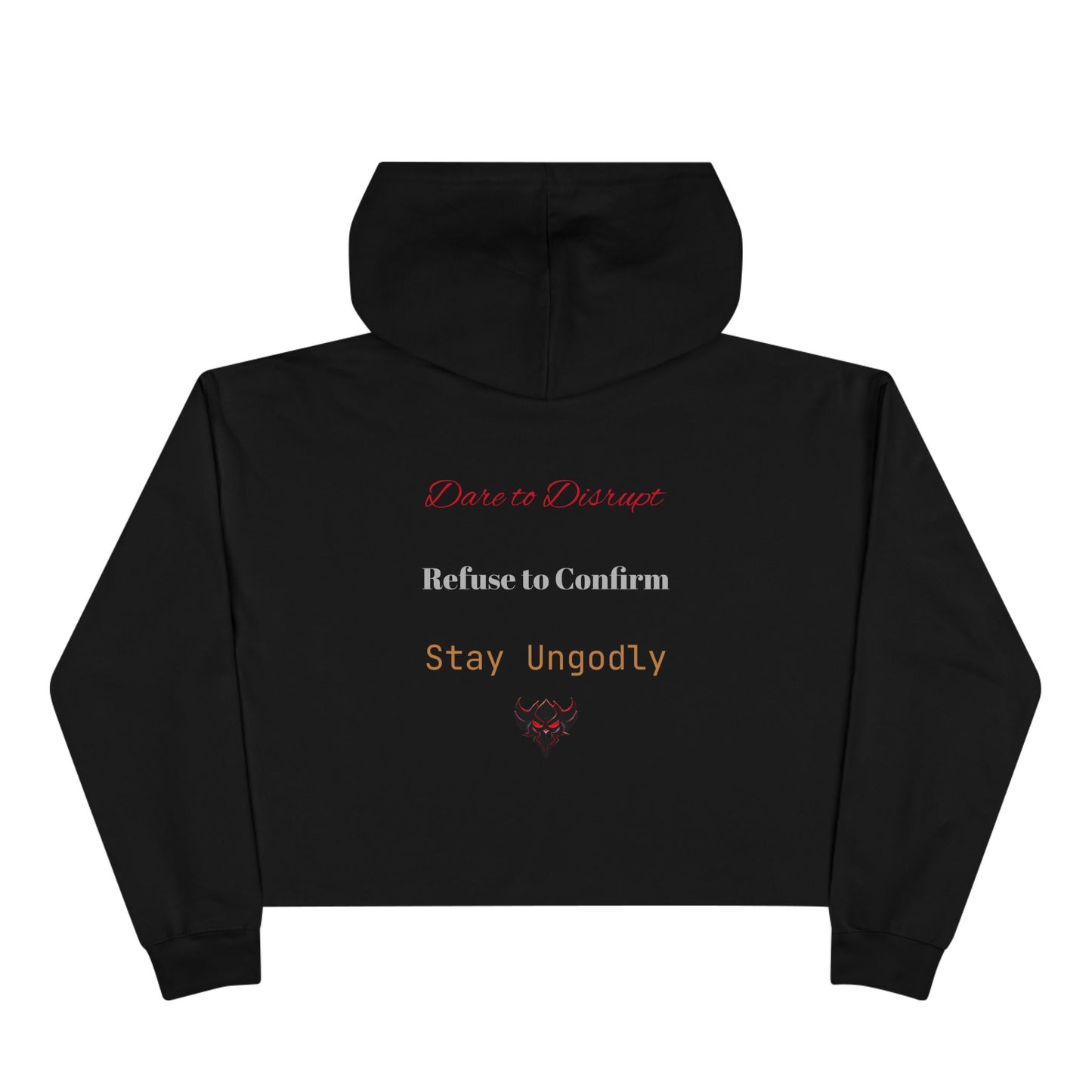 "Ungodly Apparel Slogan" Devilish Charm Crop Hoodie | Trendy Sweatshirt for Halloween, Gift for Her, Casual Wear, Perfect for Parties, Comfortable & Cool