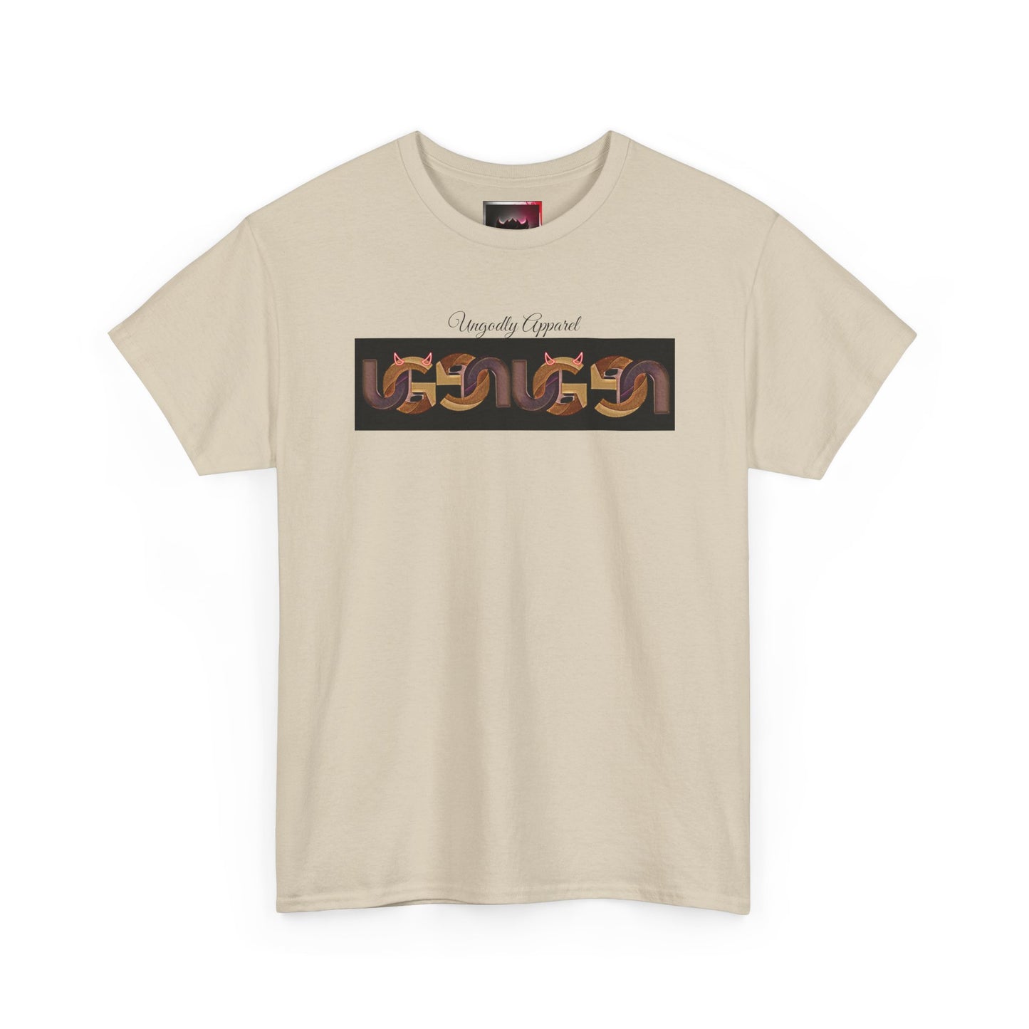 Retro Ungodly Apparel Flame Script Tee — Brown UG Link Pattern Graphic T-Shirt