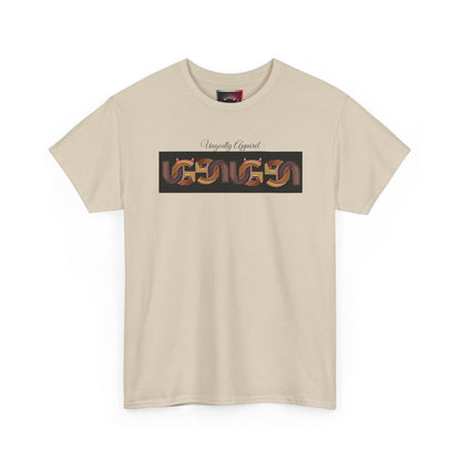 Retro Ungodly Apparel Flame Script Tee — Brown UG Link Pattern Graphic T-Shirt