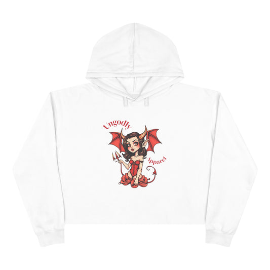 "Ungodly Apparel Slogan" Devilish Charm Crop Hoodie | Trendy Sweatshirt for Halloween, Gift for Her, Casual Wear, Perfect for Parties, Comfortable & Cool