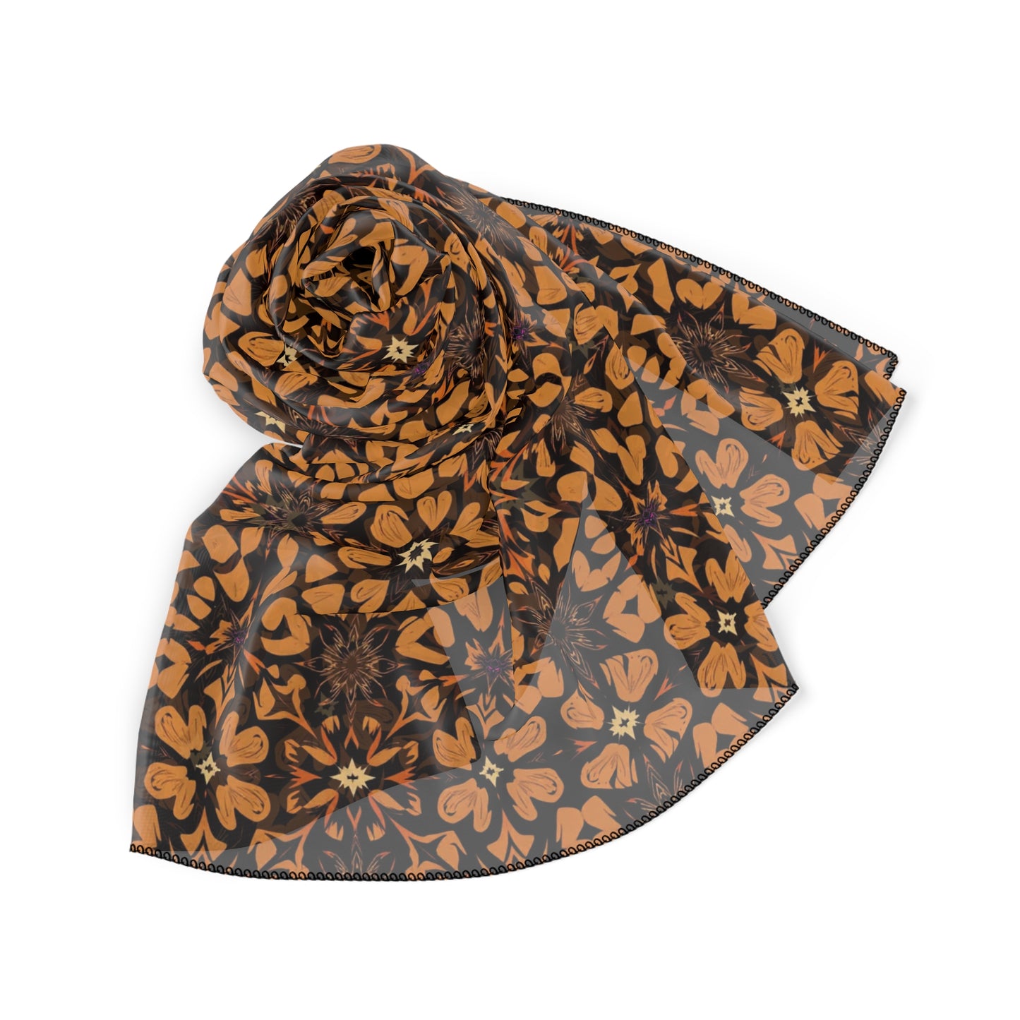 Geometric Tile Pattern Polyester Scarf — Warm Brown Floral Motif
