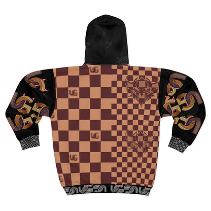 Ungodly Apparel Patterns Checkerboard Gothic Zip Hoodie — Patchwork Heart & Chain Graphic
