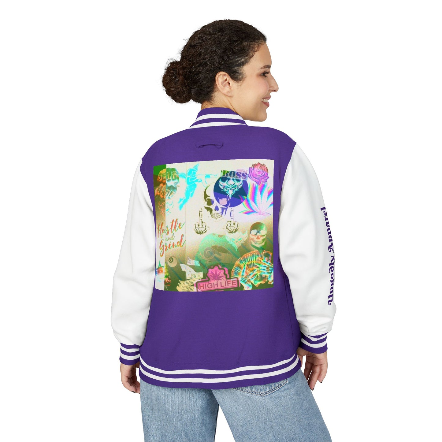 "Hustle and Grind" Letterman Jacket — Neon Collage Heart & 'Hustle Hard' Streetwear