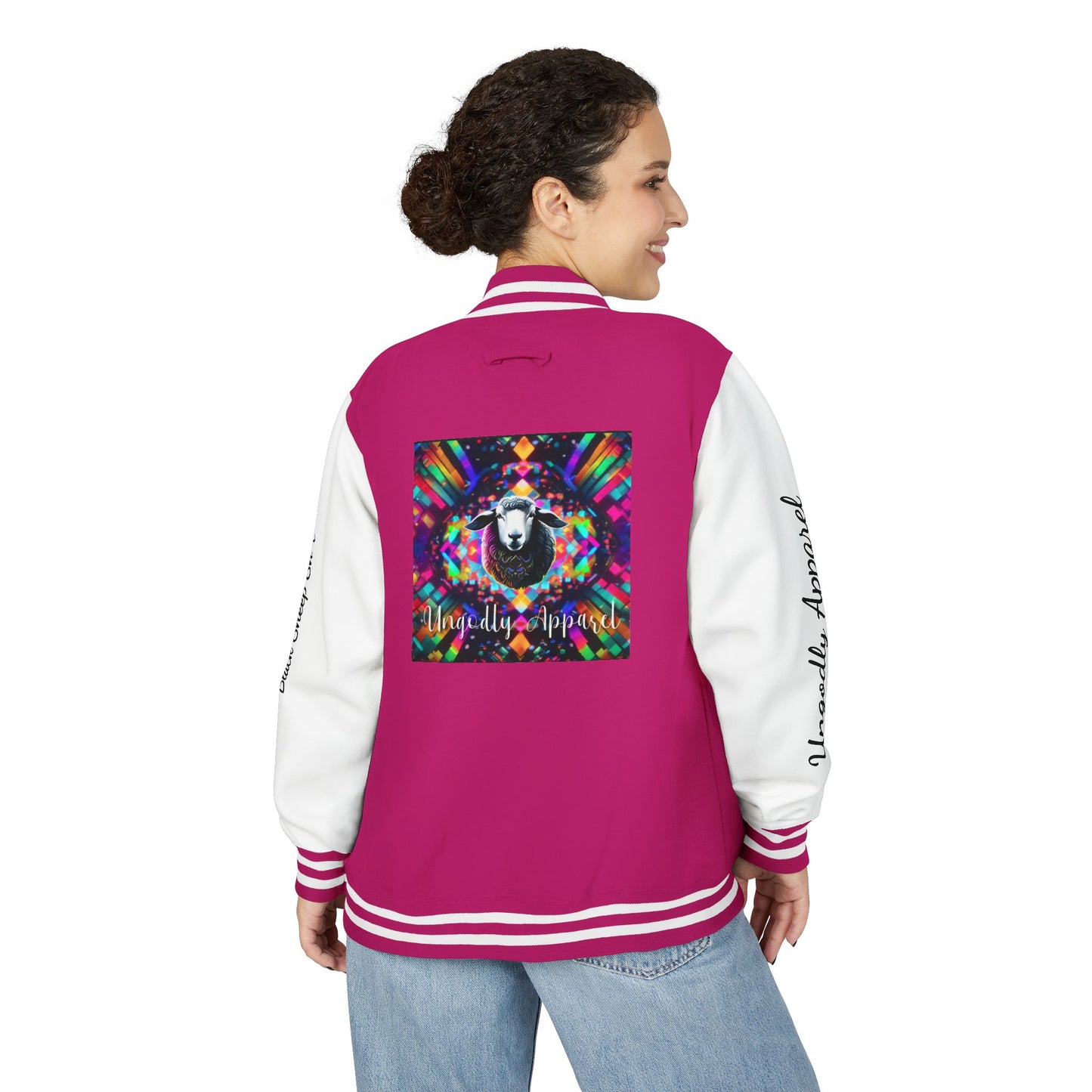 Letterman Jacket — Pink Kaleidoscope "Black Sheep of the Family"  Design with 'Ungodly Apparel' Sleeve Text