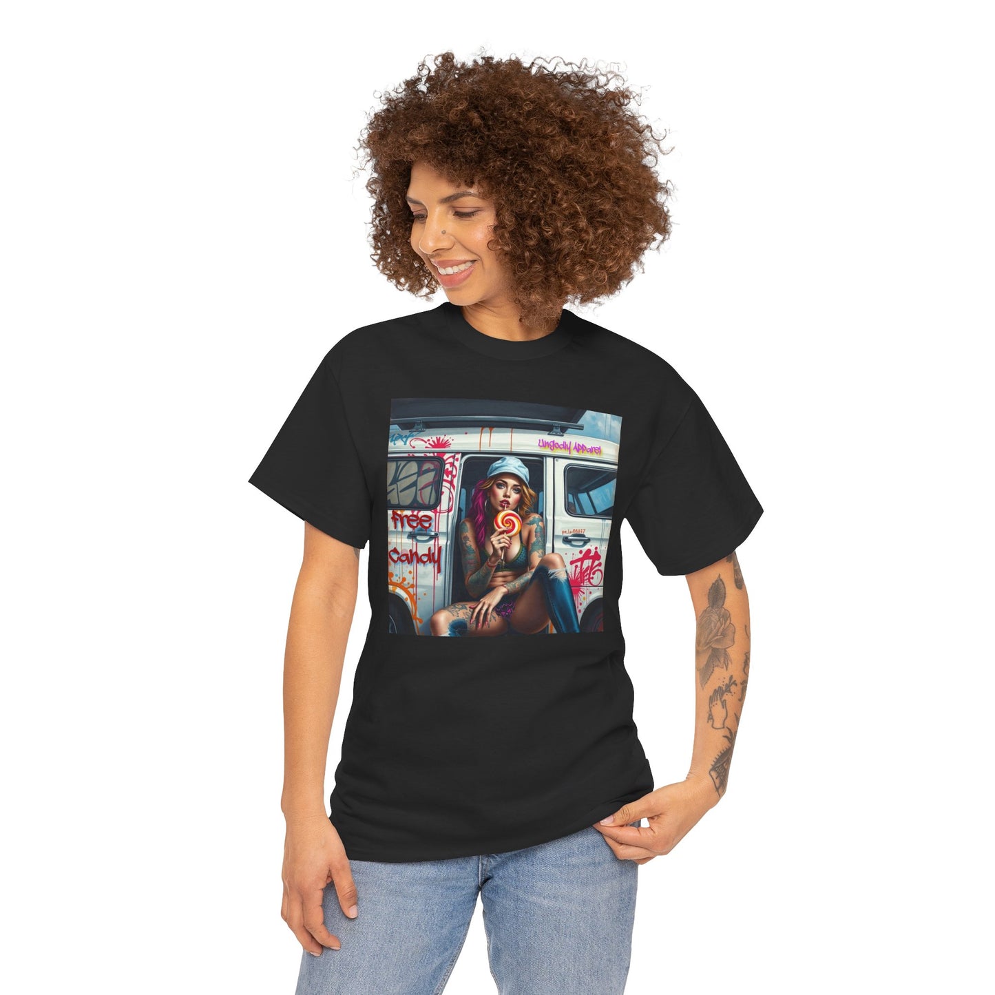 "Free Candy" Street Art Unisex Heavy Cotton Tee, Casual Graphic Shirt, Vintage Style Tee, Unique Gift, Urban Wear, Art Lover Apparel