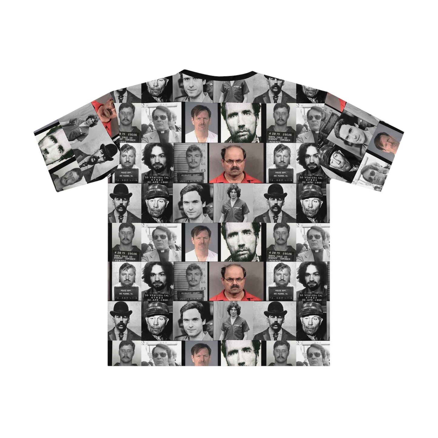 "True Crime" Stylish Men's AOP T-Shirt, Unique Graphic Tee, Casual Streetwear, Gift for Him, Vintage Mugshot Design