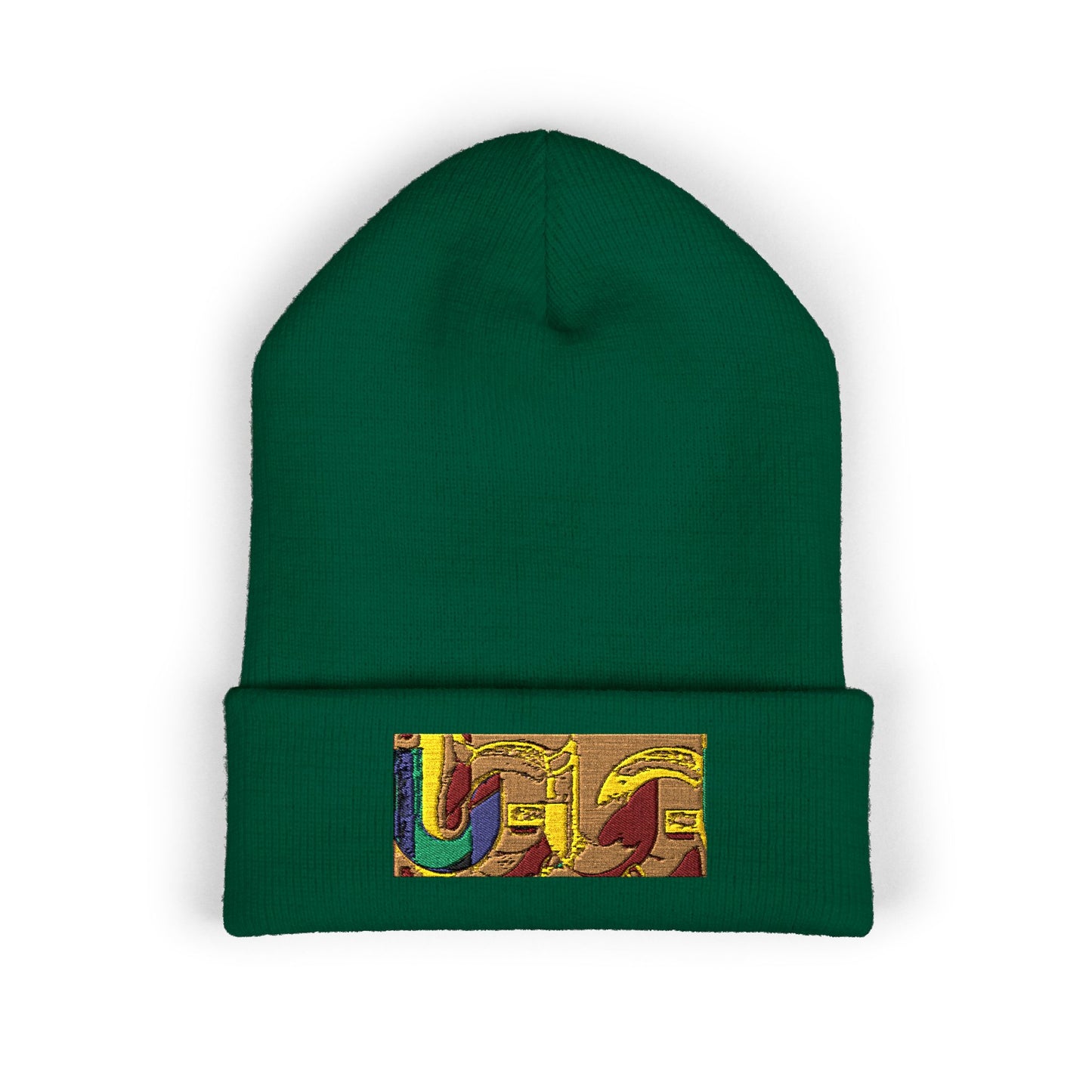 Gold Ungodly Pattern Embroidered Colorblock Abstract Cuffed Beanie