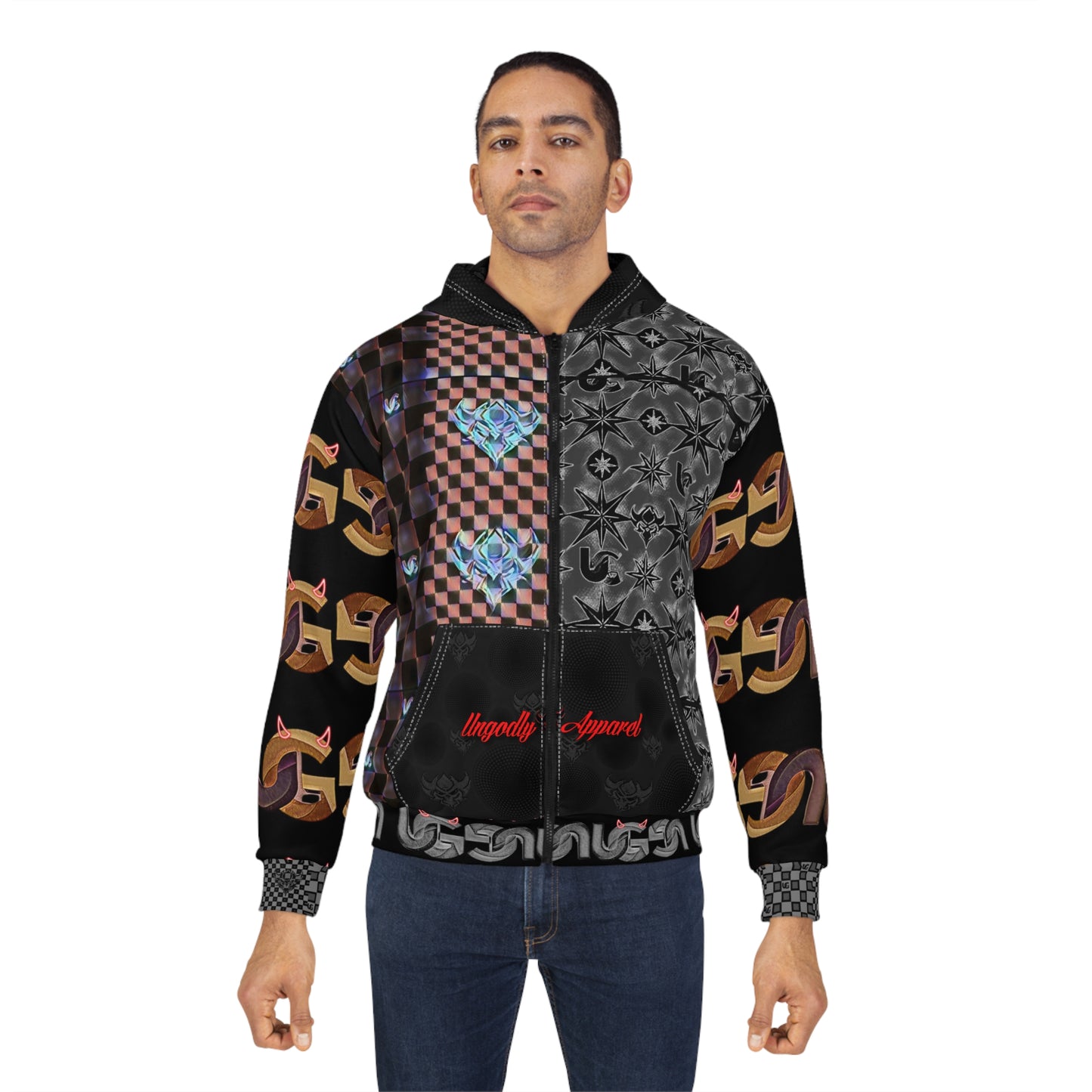 Ungodly Apparel Patterns Checkerboard Gothic Zip Hoodie — Patchwork Heart & Chain Graphic