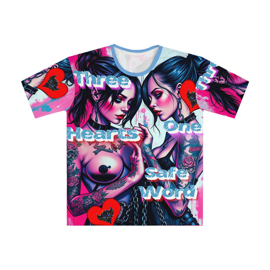 Bold Graphic Men's Loose T-Shirt - 'Three Hearts, One Safe Word'
