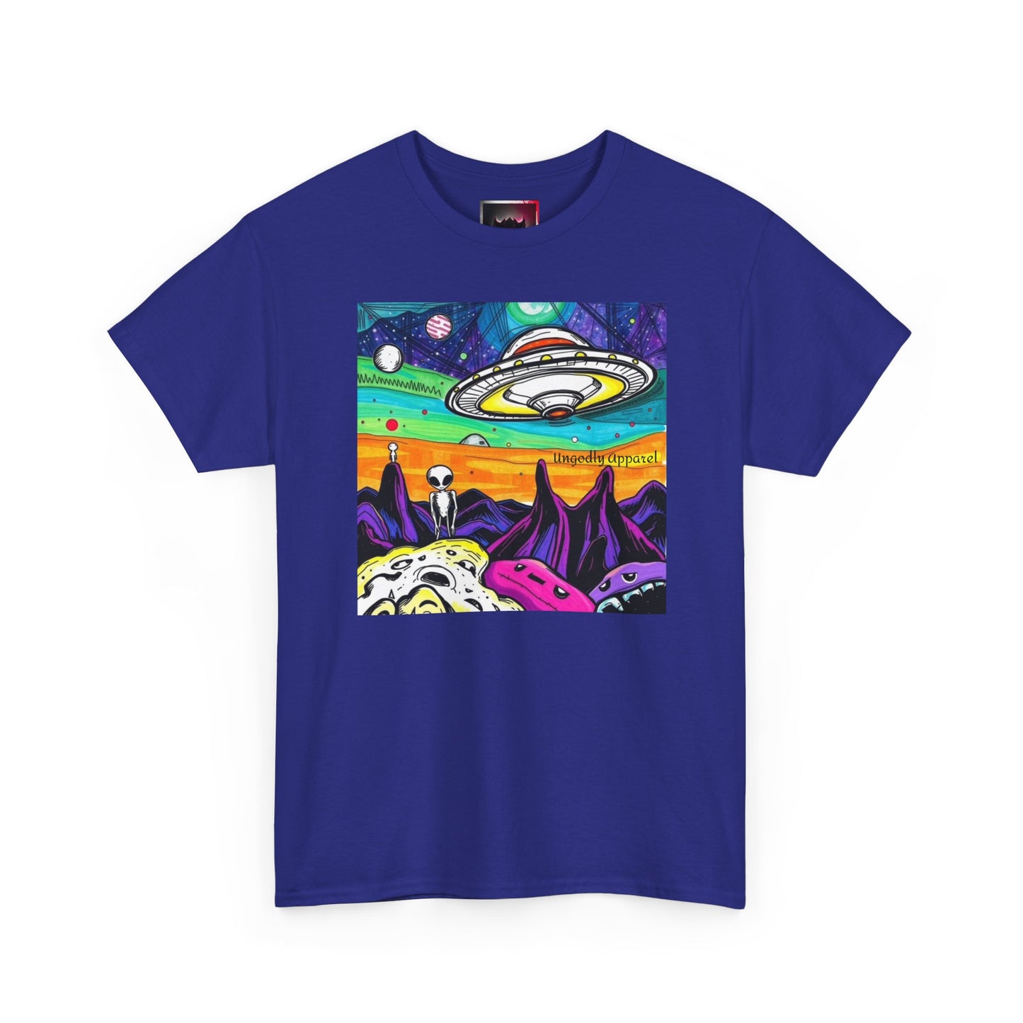 UFO Retro Alien Landscape T-Shirt — Colorful Space Art Tee