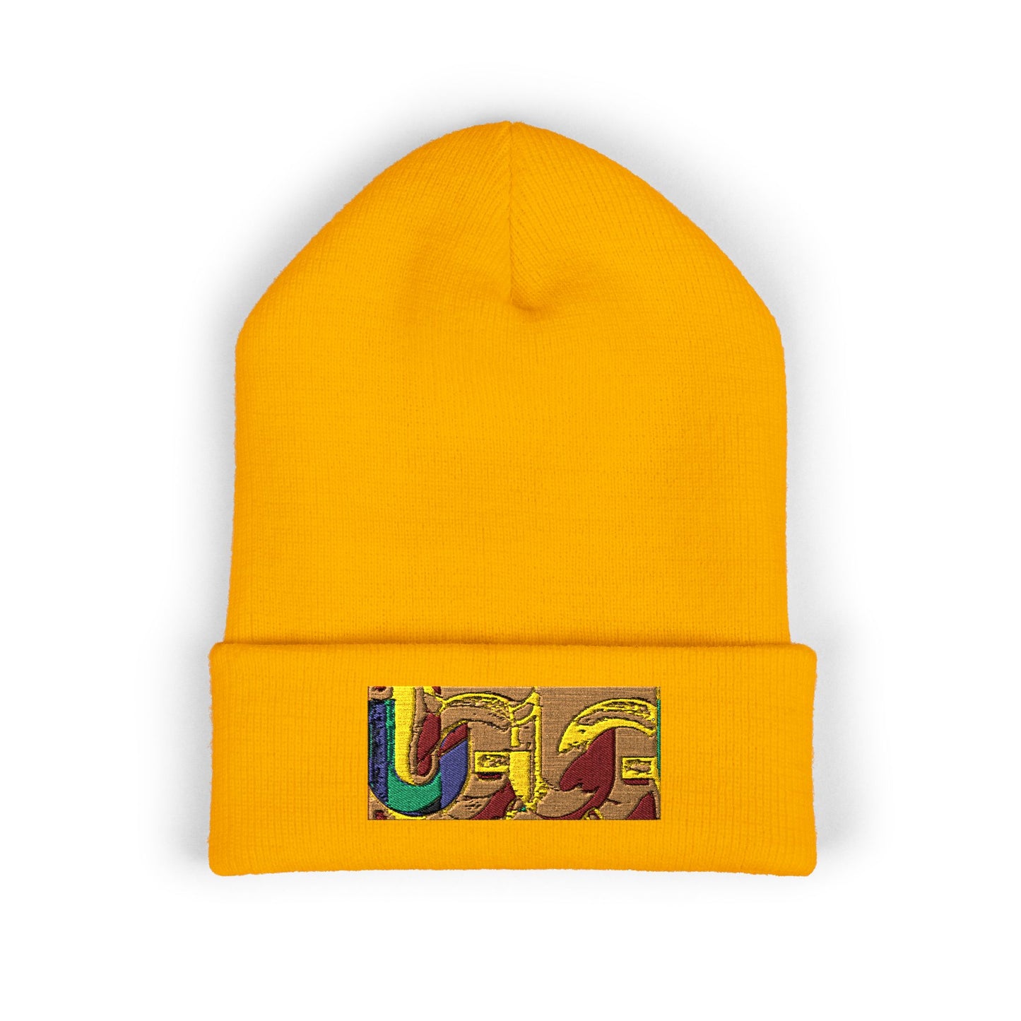 Gold Ungodly Pattern Embroidered Colorblock Abstract Cuffed Beanie