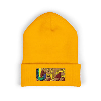 Gold Ungodly Pattern Embroidered Colorblock Abstract Cuffed Beanie